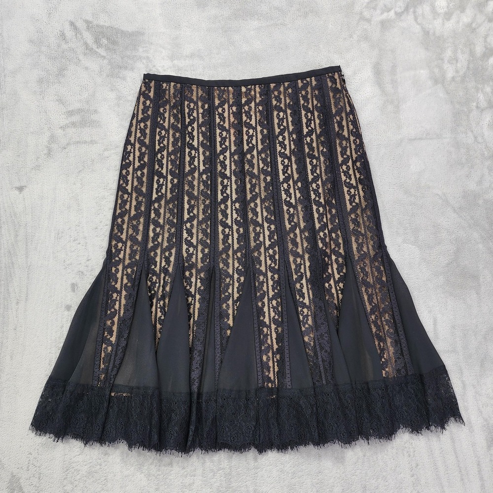 Ann Taylor LOFT Skirt Womens 4 Black Striped Lace Trumpet Midi Lined Party Goth